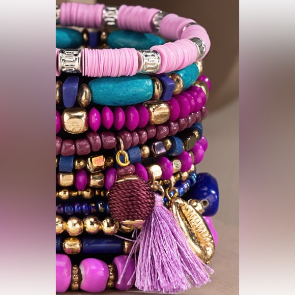 NWT Boutique Purple Bohemian Hippy Boho 11 Multi Layered Mixed Beads Bracelets - Picture 2 of 2